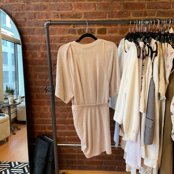 IRO Paris Beige/Stone Mini Lounge Dress Short Sleeve Linen Elastic Waist Band - Picture 2 of 3